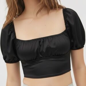 Motel Rocks Silky Black Milkmaid Bustier Top with Ruched Bodice ~ Size M